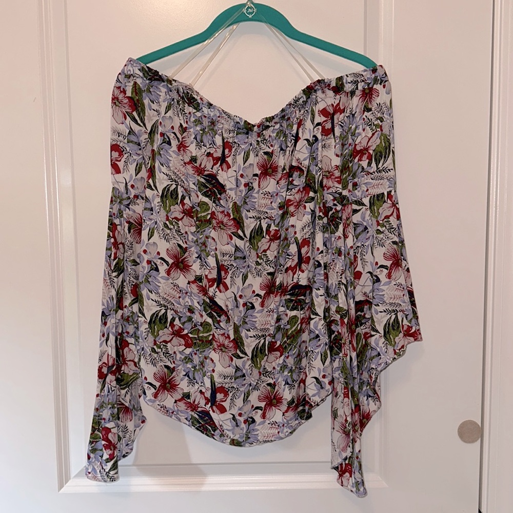 Floral off the shoulder blouse.The colors are amazing! Can be worn up higher.